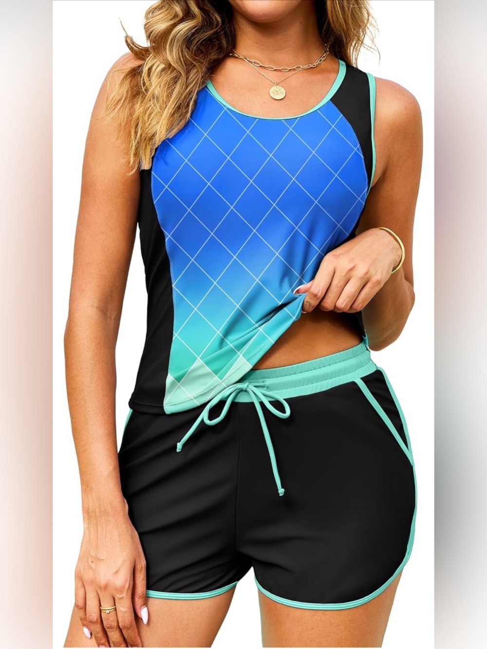 0091: Women’s Blue Gradient Tankini Set with Black Shorts Two Piece Swimsuit